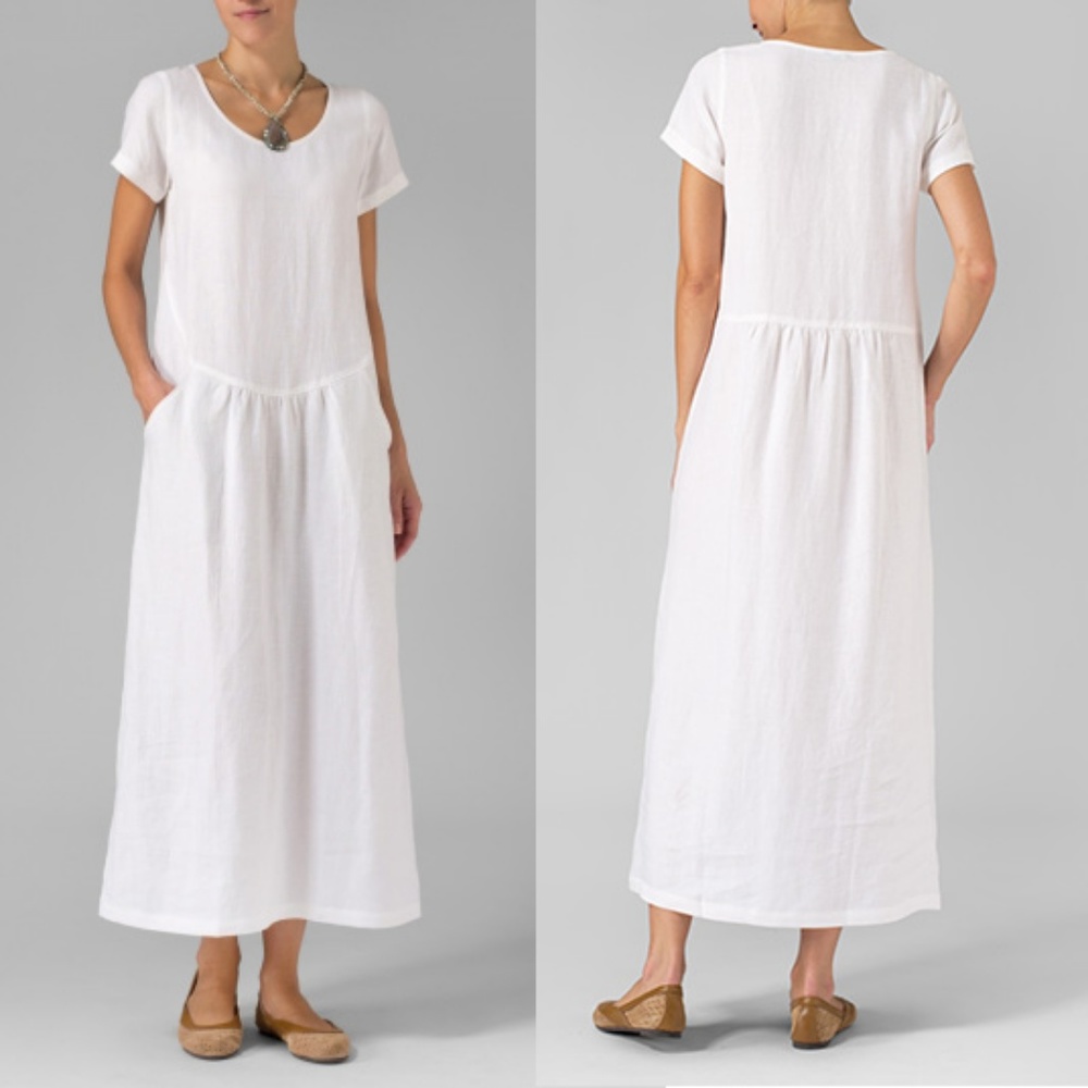 Vivid | White Linen Short Sleeve Long Dress